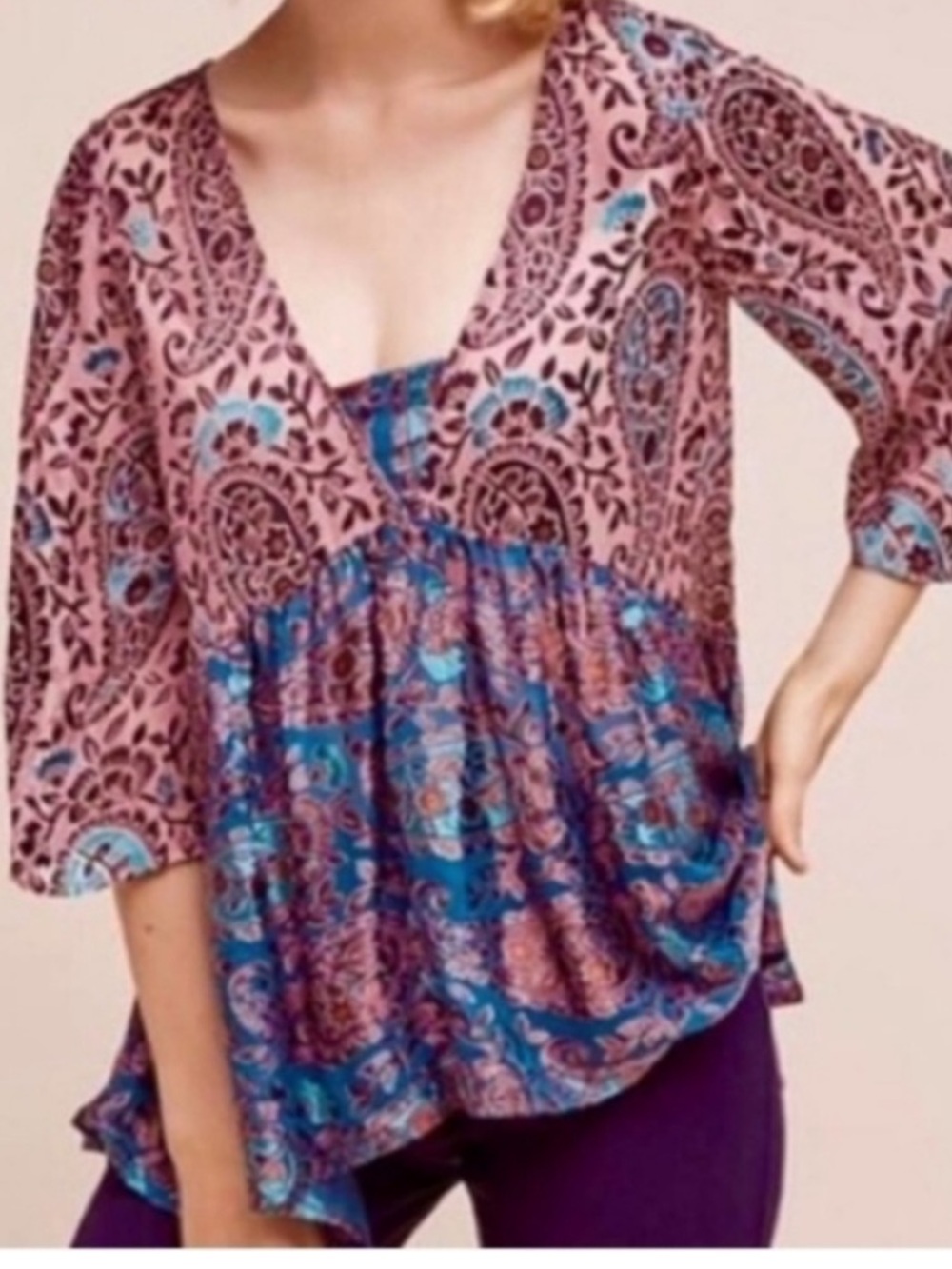 Floreat Anthropologie Valo Silk Blend Boho Swing Velvet Blouse Burnout Teal Pink